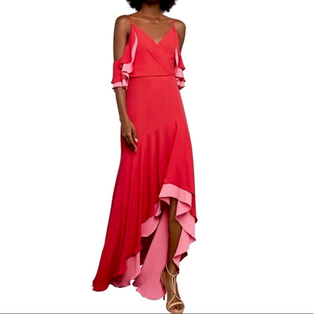 BCBGMAXAZRIA Off-Shoulder High-Low Colorblock Ruffle Dress